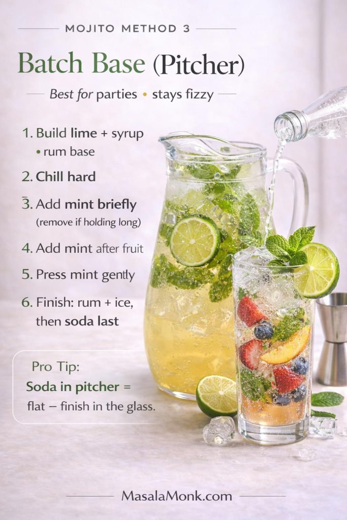 Photoreal instructional card titled “Mojito Method 3: Batch Base (Pitcher)” showing a chilled mojito pitcher with lime and mint and a finished mojito glass, with text overlay explaining the batch base method (build lime + syrup + rum, chill hard, add mint briefly, soda per glass) plus a pro tip that soda in the pitcher goes flat and MasalaMonk.com in the footer.