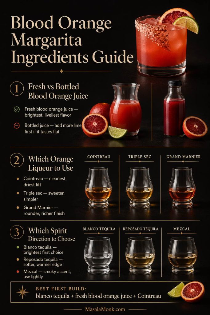 Blood orange margarita ingredients guide showing fresh versus bottled blood orange juice, Cointreau versus triple sec versus Grand Marnier, and blanco tequila versus reposado tequila versus mezcal, alongside a finished blood orange margarita on a dark editorial background.