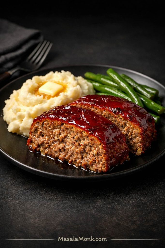 Ground beef and pork meatloaf slices with glaze, mashed potatoes, and green beans on a black plate.