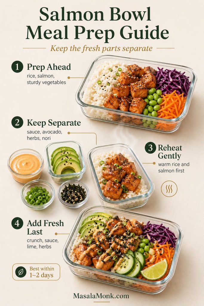 Salmon bowl meal prep guide showing rice, salmon, sturdy vegetables, separate sauce, avocado, herbs, nori, reheating, and fresh toppings added last.
