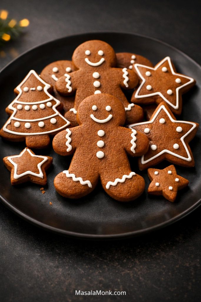 Simple decorated gingerbread cookies recipe on a dark plate with gingerbread men, star, and tree cookies finished with easy white icing details.