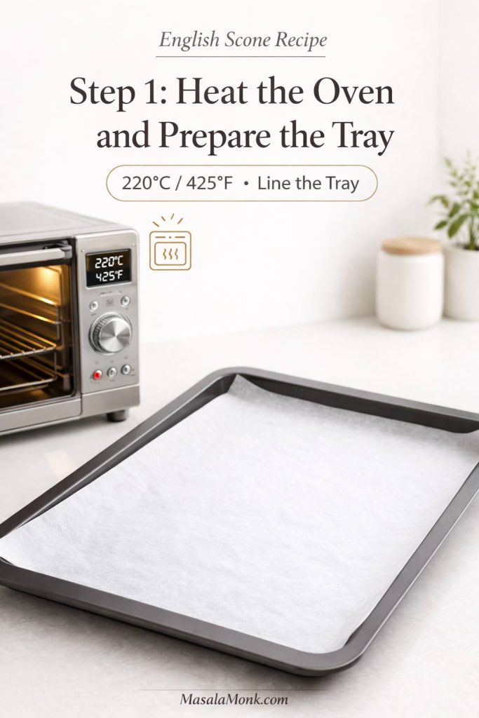 Step 1 English scone recipe graphic showing a lined baking tray and oven preheated to 220C 425F before baking.