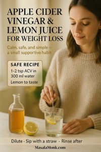 Woman stirring a glass of diluted apple cider vinegar and lemon water in a sunlit kitchen; overlaid text shows the safe recipe and enamel-care tips.