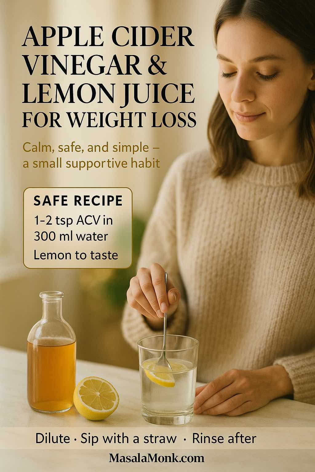 Woman stirring a glass of diluted apple cider vinegar and lemon water in a sunlit kitchen; overlaid text shows the safe recipe and enamel-care tips.