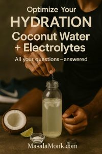 Athlete sprinkles salt into a bottle of coconut water beside halved coconut and lime—Coconut Water & Electrolytes cover