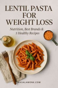 A portrait cover image of red lentil spaghetti with fresh herbs and a subtle text overlay reading ‘Lentil Pasta for Weight Loss—Protein • Fiber • Flavor’, branded MasalaMonk.com in the footer.