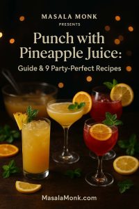 Moody party setting with multiple glasses of pineapple punch variations, styled with citrus and mint, featuring text overlay for Masala Monk’s guide to pineapple punch recipes.