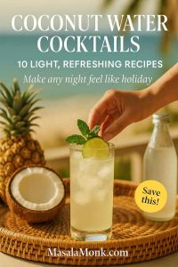 Hand garnishing a tall coconut water cocktail with lime and mint on a sunlit rattan tray, beach backdrop; overlay text reads ‘Coconut Water Cocktails – 10 light, refreshing recipes. Make any night feel like holiday.’