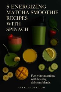 A collection of five different matcha spinach smoothies arranged in unique glasses with fruits, protein, and matcha props, styled on dark marble.