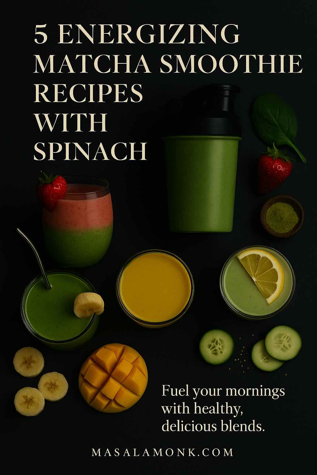 A collection of five different matcha spinach smoothies arranged in unique glasses with fruits, protein, and matcha props, styled on dark marble.