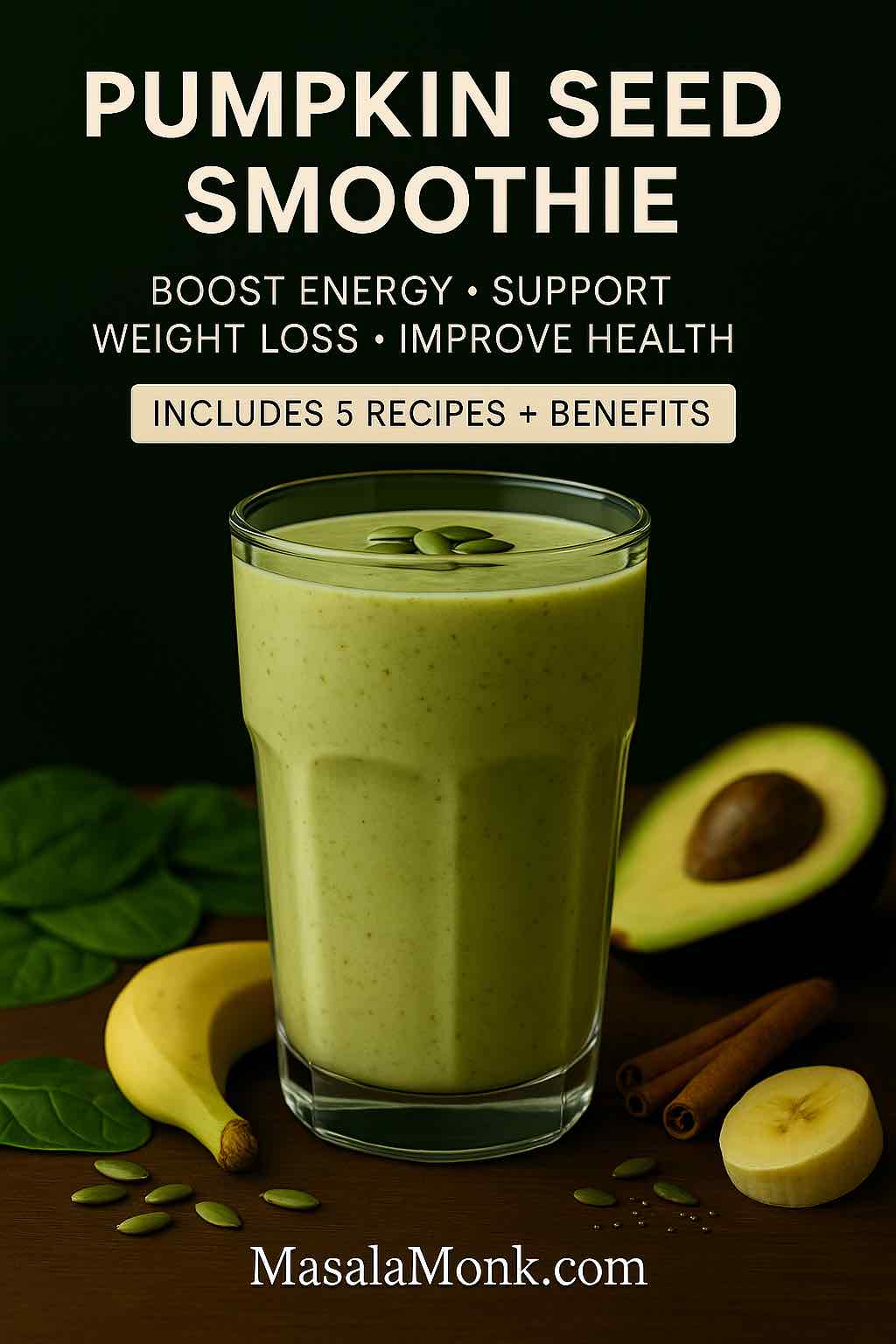 Tall glass of pumpkin seed smoothie surrounded by avocado, banana, spinach, and cinnamon on a rustic table.