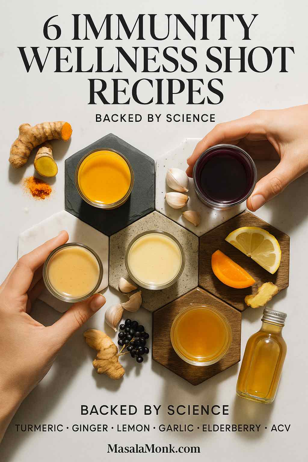 Flat lay cover image showing six colorful wellness shots arranged in a hexagon with fresh ingredients including turmeric, ginger, lemon, garlic, elderberries, carrot, and apple cider vinegar, with text overlay “6 Immunity Wellness Shot Recipes."