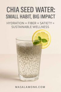 Glass of chia seed water with lemon slice and mint garnish on a minimalist background, overlaid with text highlighting hydration, fiber, and satiety as keys to sustainable wellness. Branded with MasalaMonk.com.