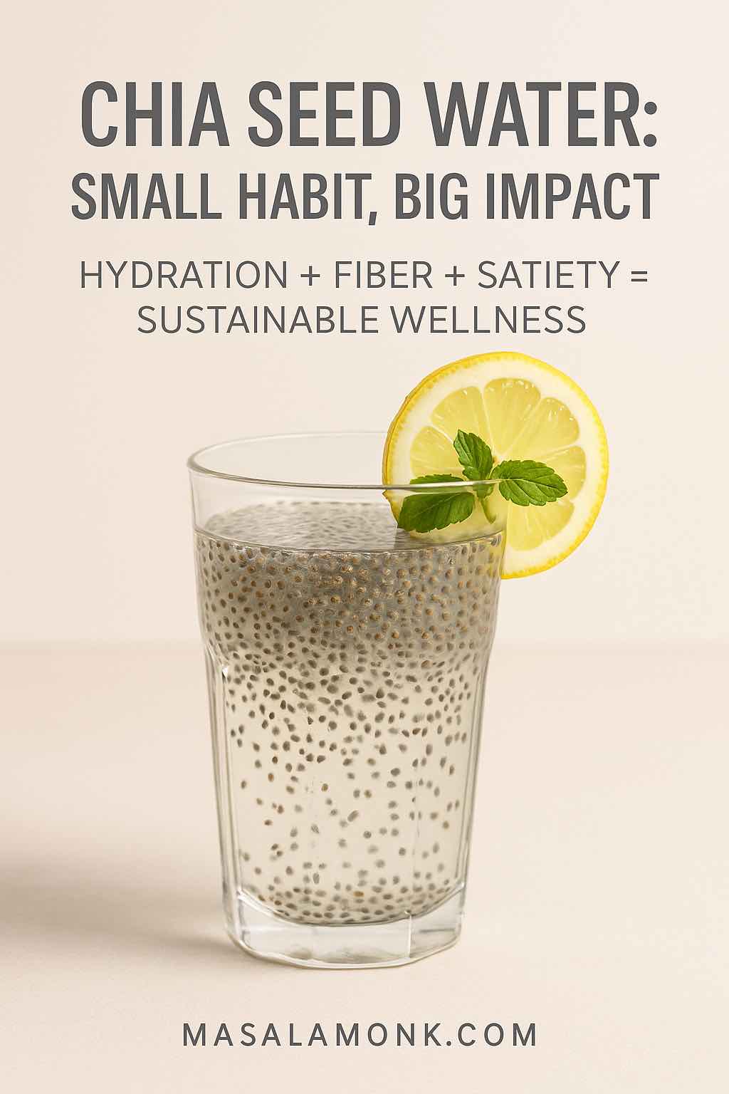 Glass of chia seed water with lemon slice and mint garnish on a minimalist background, overlaid with text highlighting hydration, fiber, and satiety as keys to sustainable wellness. Branded with MasalaMonk.com.