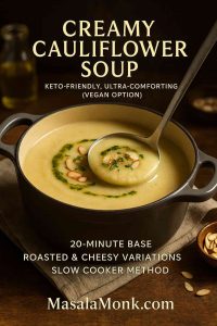 Portrait cover of creamy cauliflower soup in a charcoal Dutch oven, a ladle lifting a silky spoonful; topped with herb oil, toasted almonds, and chives—keto-friendly with a vegan option.
