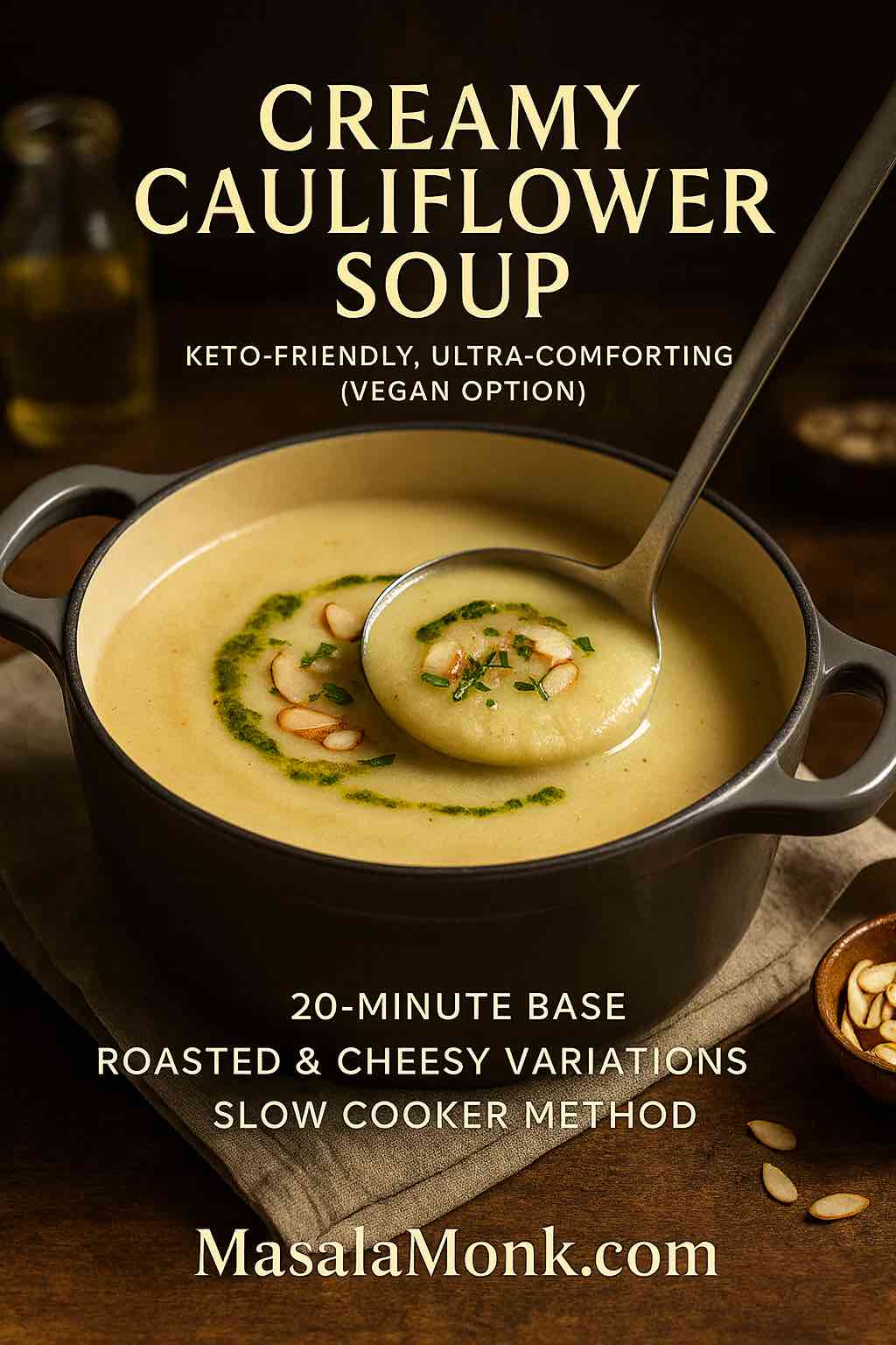 Portrait cover of creamy cauliflower soup in a charcoal Dutch oven, a ladle lifting a silky spoonful; topped with herb oil, toasted almonds, and chives—keto-friendly with a vegan option.