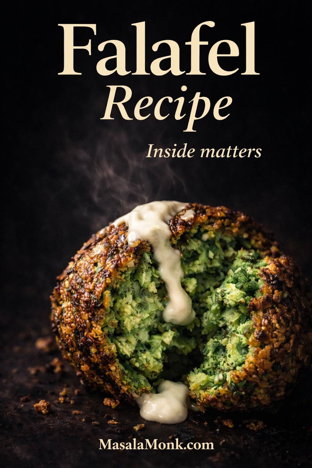 Close-up falafel recipe cover image showing one broken-open crispy falafel with a golden crust, vivid green herby interior, and tahini sauce on a dark background.