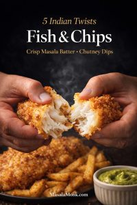 Hands pull apart a crispy masala-battered fish fillet to reveal steaming white flakes, with thick chips and a bowl of green chutney dip on a dark background. Text overlay reads “5 Indian Twists – Fish & Chips – Crisp Masala Batter • Chutney Dips” and “MasalaMonk.com.”