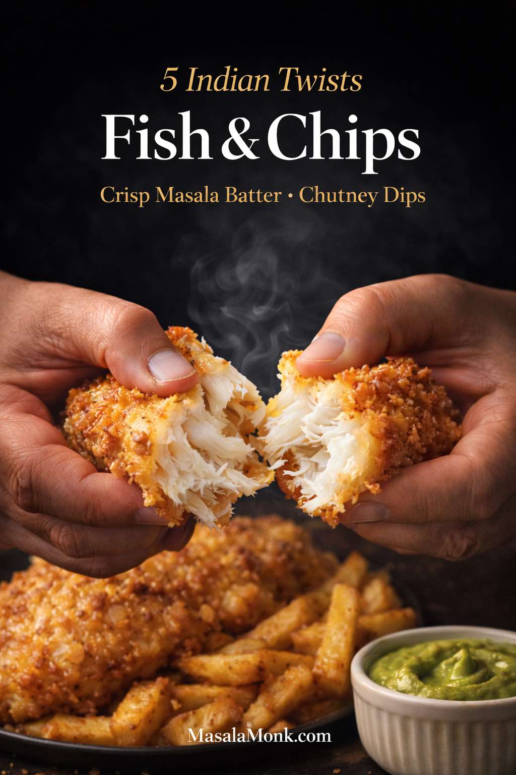 Hands pull apart a crispy masala-battered fish fillet to reveal steaming white flakes, with thick chips and a bowl of green chutney dip on a dark background. Text overlay reads “5 Indian Twists – Fish & Chips – Crisp Masala Batter • Chutney Dips” and “MasalaMonk.com.”