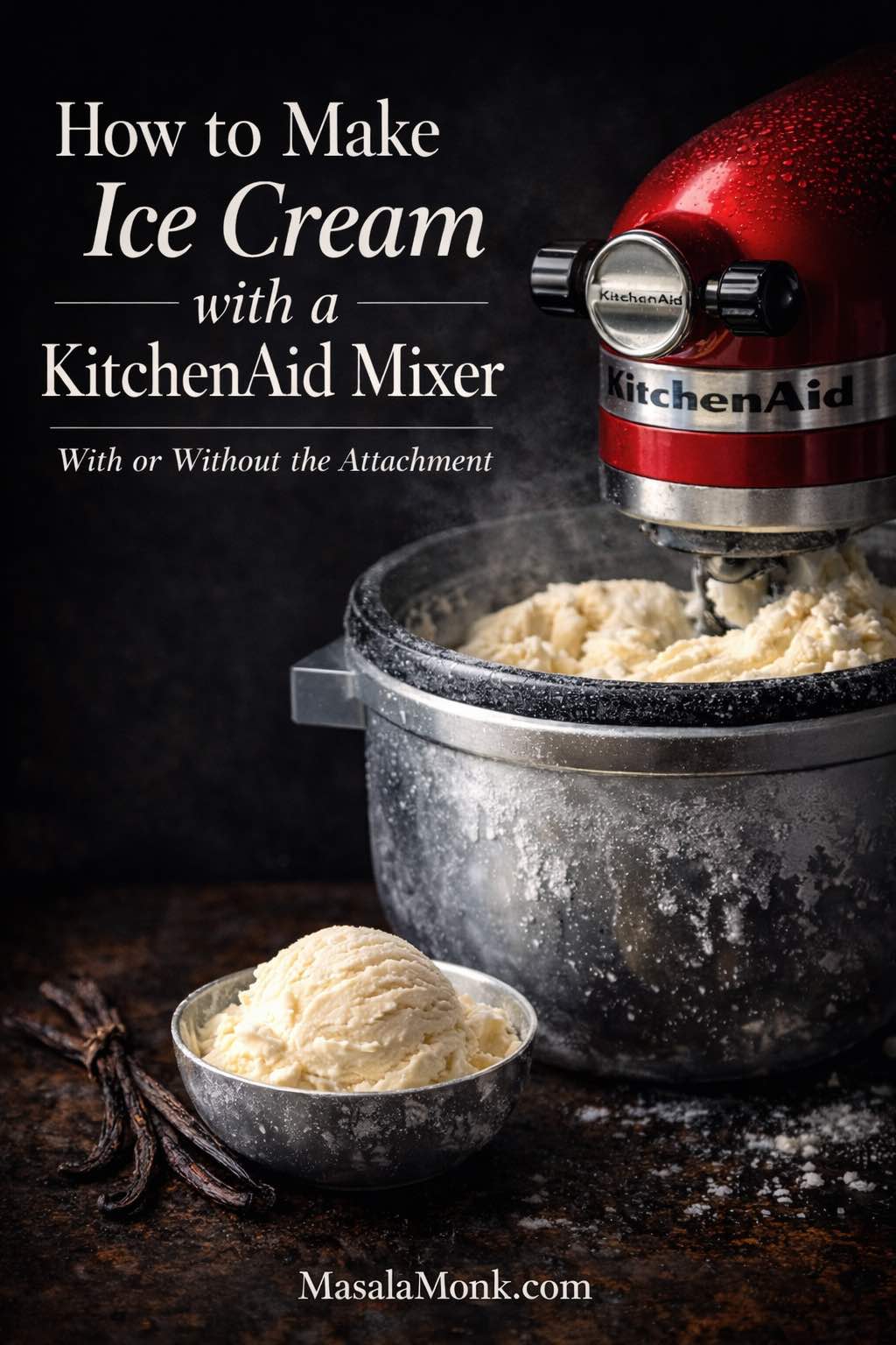 Premium cover image for how to make ice cream with a KitchenAid mixer, showing a red stand mixer with ice cream attachment churning vanilla ice cream in a frosty bowl, with a finished scoop in front and vanilla beans on a dark editorial background.