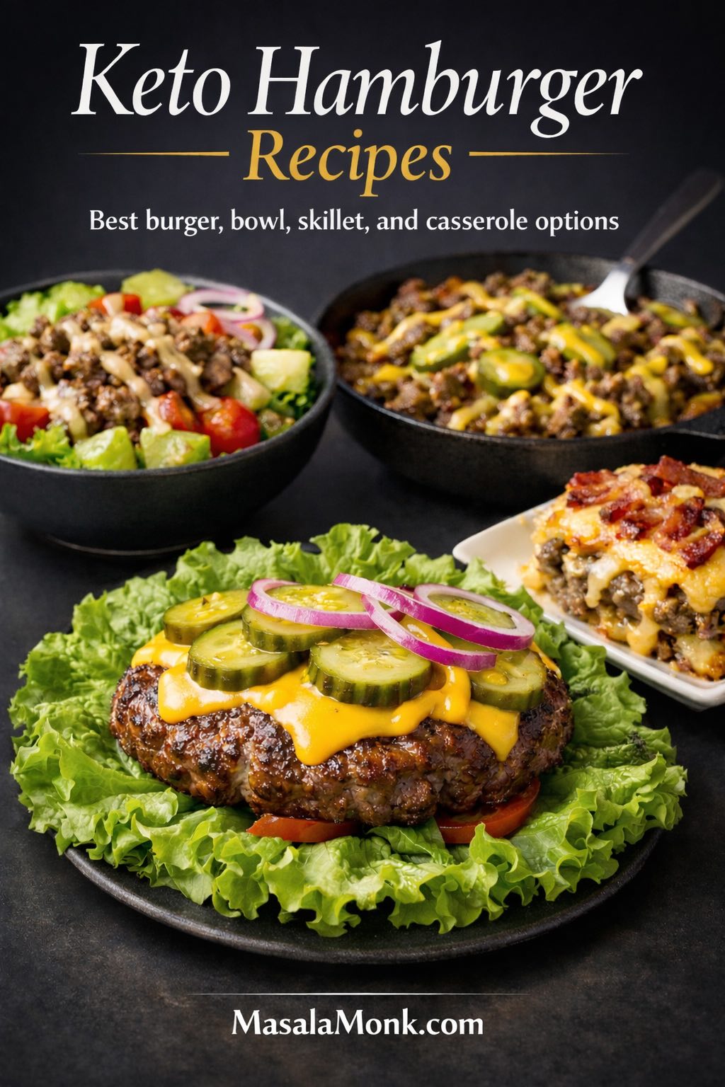 Keto hamburger recipes hero image showing a bunless cheeseburger, burger bowl, cheeseburger skillet, and bacon cheeseburger casserole
