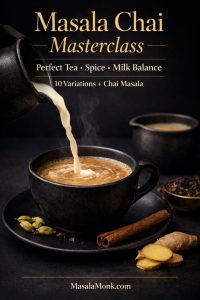 Premium cover image for a masala chai recipe masterclass showing milk being poured into a steaming cup of masala chai with cardamom, cinnamon, cloves, black tea, and fresh ginger on a dark elegant background.