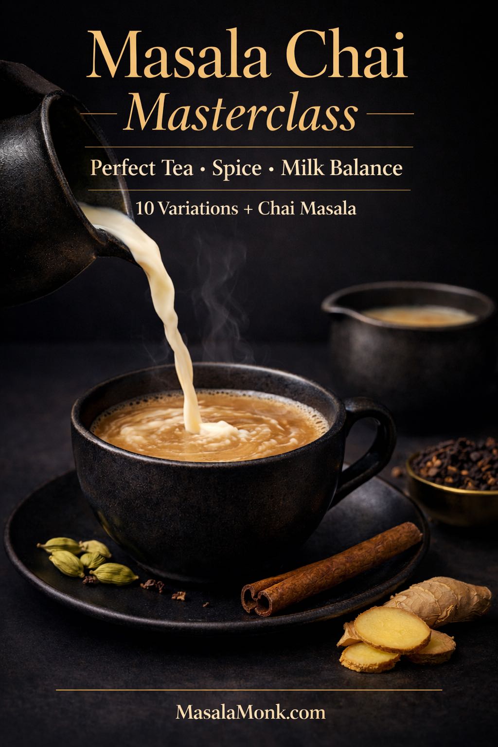 Premium cover image for a masala chai recipe masterclass showing milk being poured into a steaming cup of masala chai with cardamom, cinnamon, cloves, black tea, and fresh ginger on a dark elegant background.