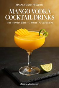 Mango Vodka Cocktail Drinks in a chilled coupe with mango fan garnish and lime twist on dark slate, sunlit background — Masala Monk.