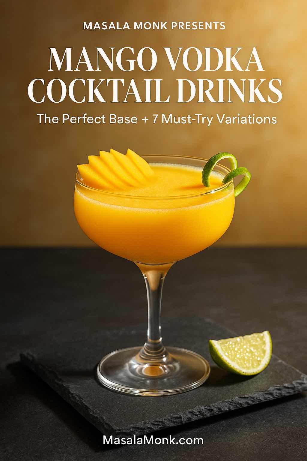 Mango Vodka Cocktail Drinks in a chilled coupe with mango fan garnish and lime twist on dark slate, sunlit background — Masala Monk.