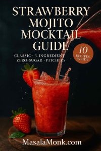 Strawberry Mojito Mocktail Guide cover—premium portrait of a strawberry mojito being poured, fresh strawberry and lime, text: Classic • 3-Ingredient • Zero-Sugar • Pitchers—MasalaMonk.com.