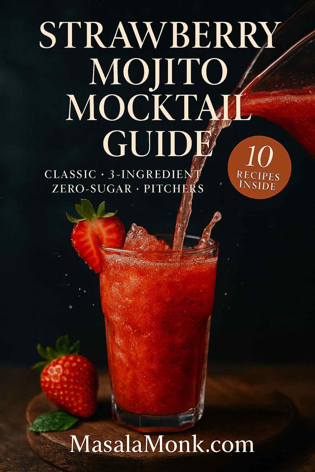 Strawberry Mojito Mocktail Guide cover—premium portrait of a strawberry mojito being poured, fresh strawberry and lime, text: Classic • 3-Ingredient • Zero-Sugar • Pitchers—MasalaMonk.com.