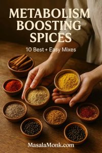 Hands arranging small wooden bowls of metabolism boosting spices - turmeric, ground ginger, cayenne, cinnamon sticks, cumin seeds, fenugreek, saffron, and black peppercorns on a wooden table—ingredients for simple spice mixes that support satiety and steady energy.