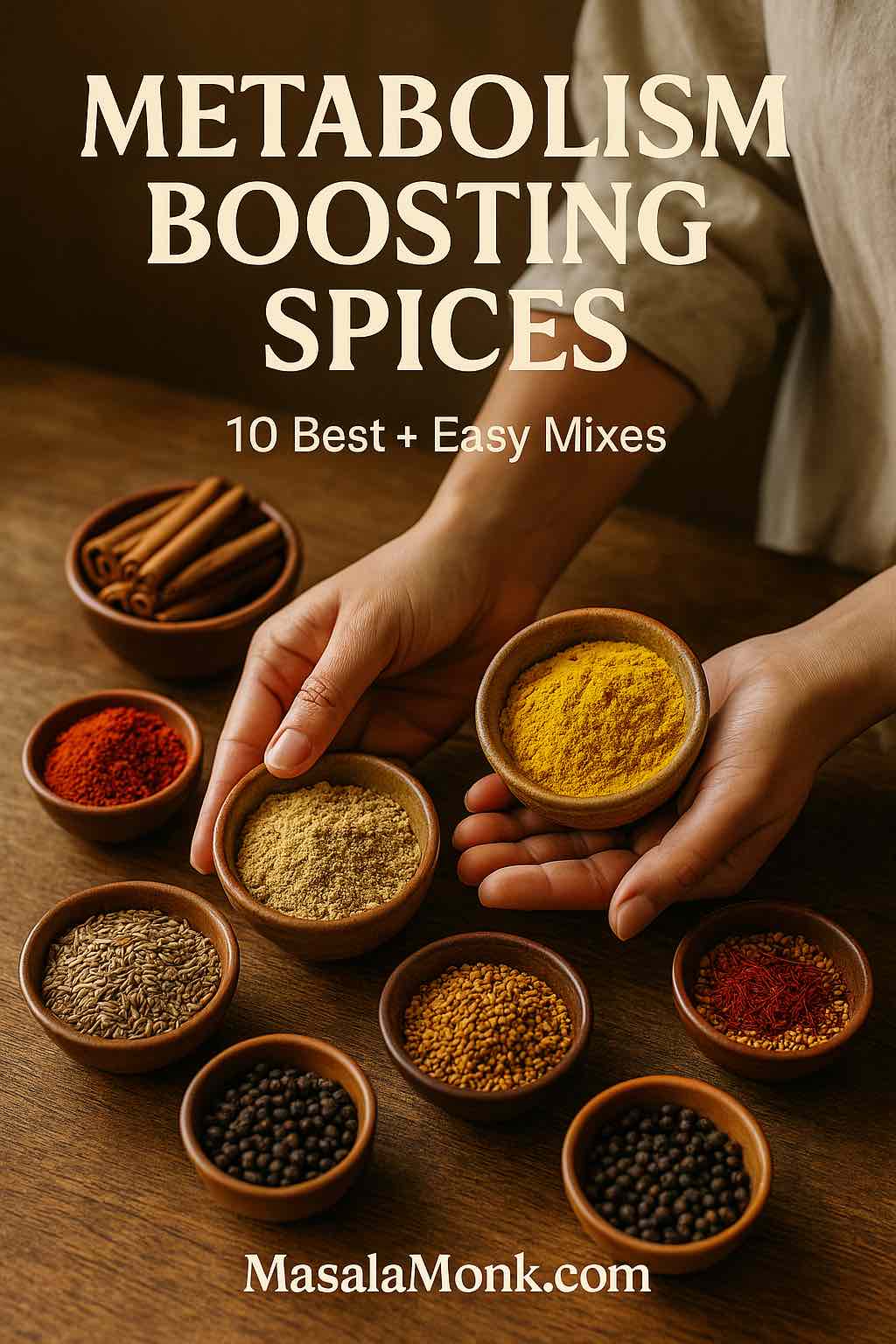 Hands arranging small wooden bowls of metabolism boosting spices - turmeric, ground ginger, cayenne, cinnamon sticks, cumin seeds, fenugreek, saffron, and black peppercorns on a wooden table—ingredients for simple spice mixes that support satiety and steady energy.