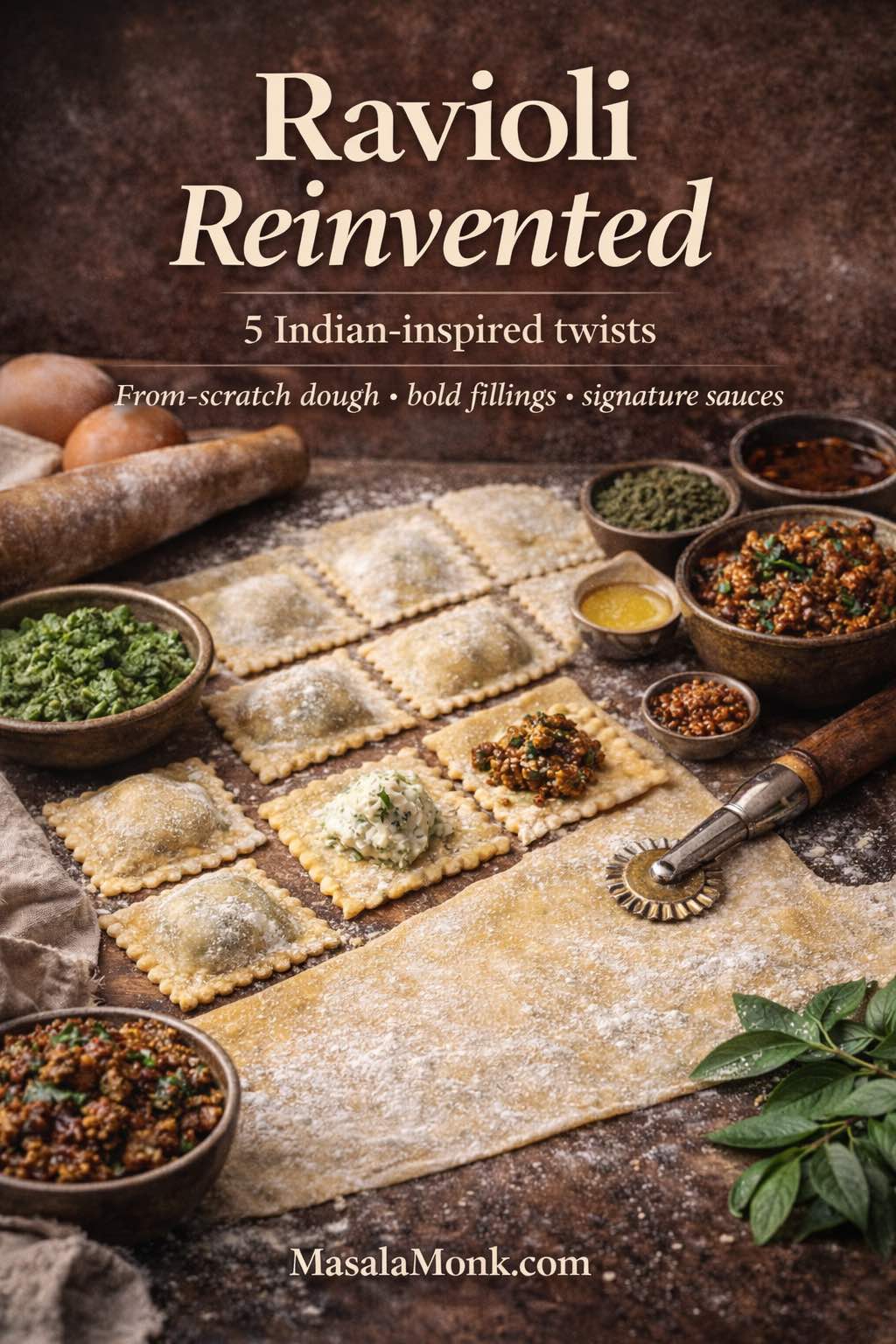 Magazine-style cover image of homemade ravioli on a floured board with ravioli cutter, palak-paneer and keema fillings, curry leaves and ghee, with text “Ravioli Reinvented: 5 Indian-inspired twists” and MasalaMonk.com footer.