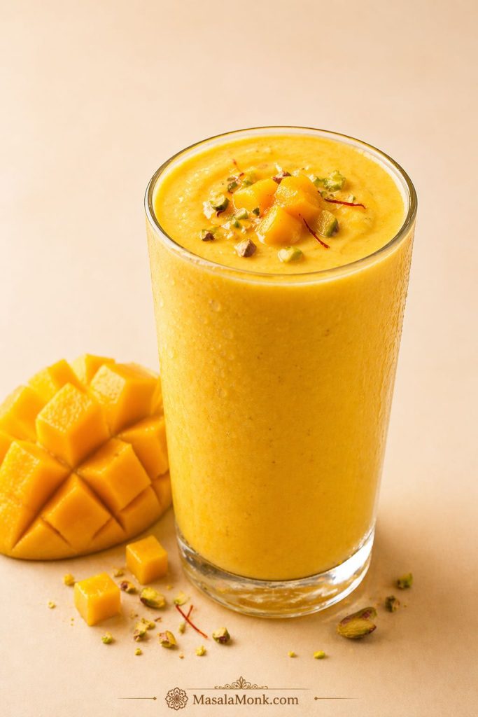 Glass of thick creamy mango lassi topped with mango cubes, pistachios, and saffron, with a scored mango half beside it.