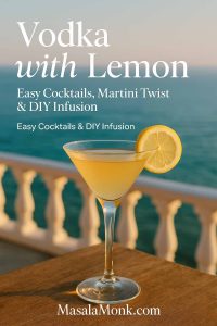 Vodka with Lemon — a chilled vodka martini with a lemon twist on a seaside balcony at golden hour; cover image for MasalaMonk’s guide to easy cocktails, French 76, limoncello martini, basil lemonade, lemon iced-tea highball, and DIY lemon-infused vodka.
