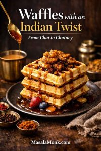 Magazine-style cover image of Belgian waffles with an Indian twist—stacked waffles drizzled with jaggery syrup, topped with caramelized peanuts, with chai and spices in the background.