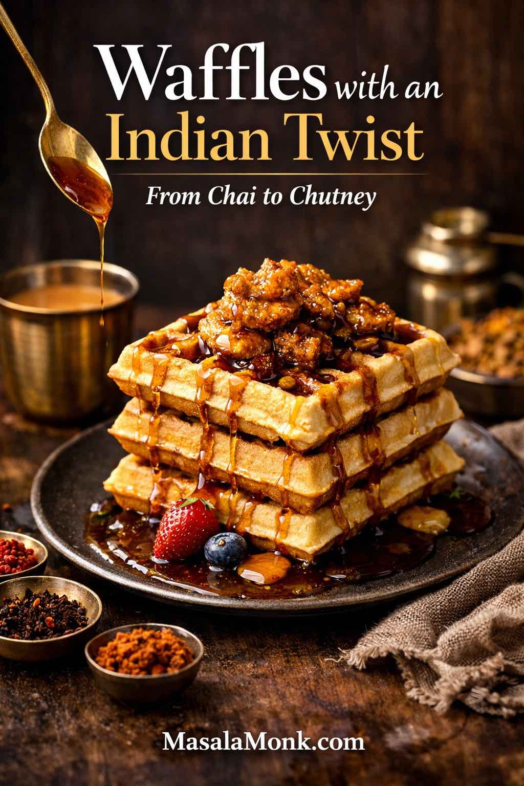 Magazine-style cover image of Belgian waffles with an Indian twist—stacked waffles drizzled with jaggery syrup, topped with caramelized peanuts, with chai and spices in the background.