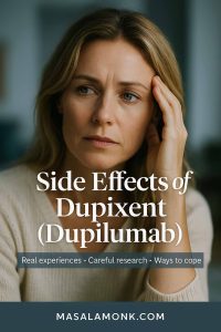 A thoughtful woman gazes to the side with a calm but serious expression, illustrating the theme of side effects of Dupixent (dupilumab). Text overlay reads “Side Effects of Dupixent (Dupilumab) – Real experiences, Careful research, Ways to cope.” Branded with MasalaMonk.com in the footer.