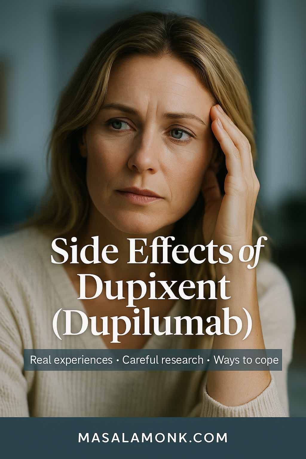 A thoughtful woman gazes to the side with a calm but serious expression, illustrating the theme of side effects of Dupixent (dupilumab). Text overlay reads “Side Effects of Dupixent (Dupilumab) – Real experiences, Careful research, Ways to cope.” Branded with MasalaMonk.com in the footer.