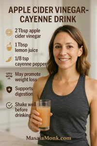 Woman holding an apple cider vinegar and cayenne pepper drink in a modern kitchen—magazine-style Pinterest cover.