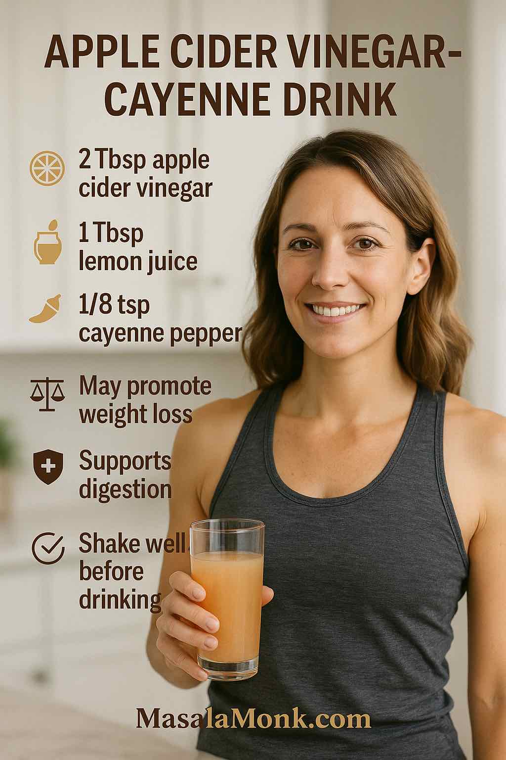 Woman holding an apple cider vinegar and cayenne pepper drink in a modern kitchen—magazine-style Pinterest cover.