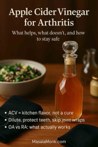 Apple cider vinegar for arthritis cover with ACV bottle, salad, and knee sleeve; key safety tips and MasalaMonk.com footer.