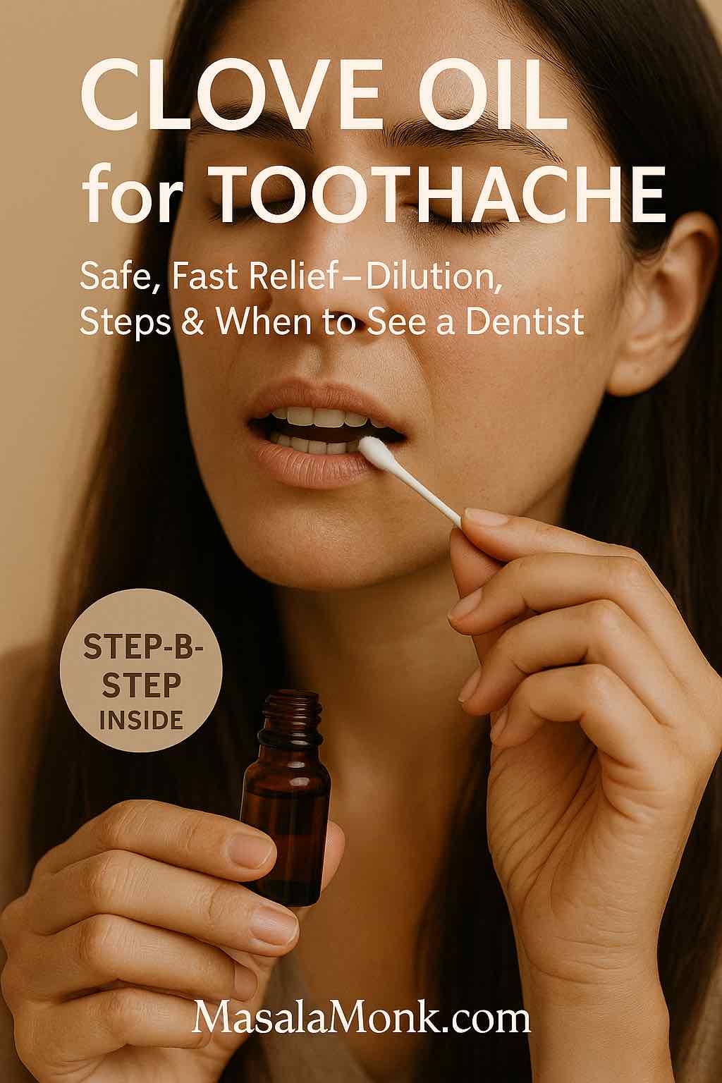 Premium magazine-style portrait cover showing clove buds, oil bottle, and bold title “Clove Oil for Toothache,” with MasalaMonk.com in the footer.