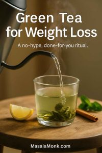 Steaming green tea poured into a glass with lemon, mint and cinnamon—“Green Tea for Weight Loss” cover.