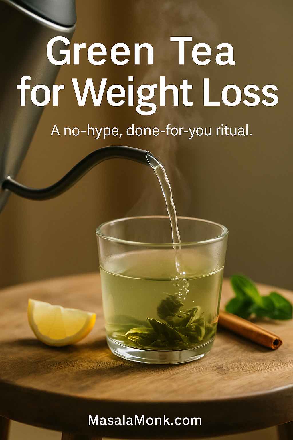 Steaming green tea poured into a glass with lemon, mint and cinnamon—“Green Tea for Weight Loss” cover.