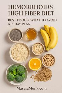 Hemorrhoids high fiber diet cover with chia, oats, oatmeal, banana, orange, broccoli, chickpeas and lentils—best foods, what to avoid & 7-day plan.