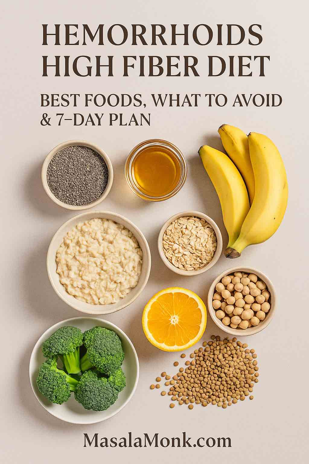 Hemorrhoids high fiber diet cover with chia, oats, oatmeal, banana, orange, broccoli, chickpeas and lentils—best foods, what to avoid & 7-day plan.