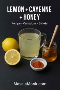 Photorealistic portrait of a warm lemon, cayenne, and honey drink in a clear mug with lemon halves, cayenne powder, and a honey jar on a dark background; headline reads “Lemon + Cayenne + Honey — Recipe • Variations • Safety”; MasalaMonk.com footer.