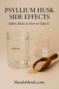 Psyllium husk side effects cover image: glass of water (≥240 mL), measuring cup, and wooden scoop of psyllium on a warm beige backdrop.